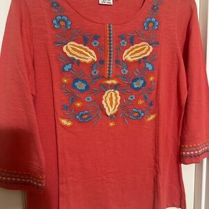 Parsley & Sage coral Top with Blue and Yellow Embroidery